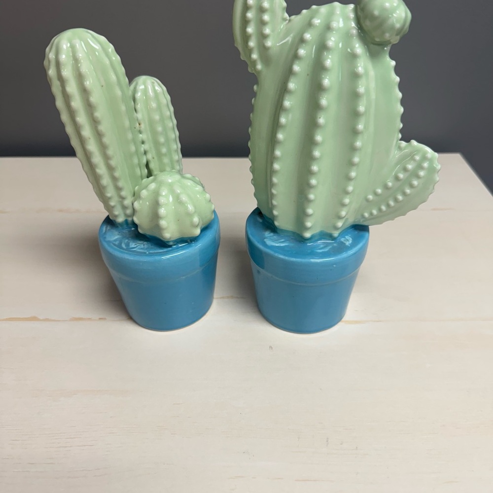 Mint Green Cactus Figurines in Blue Pots